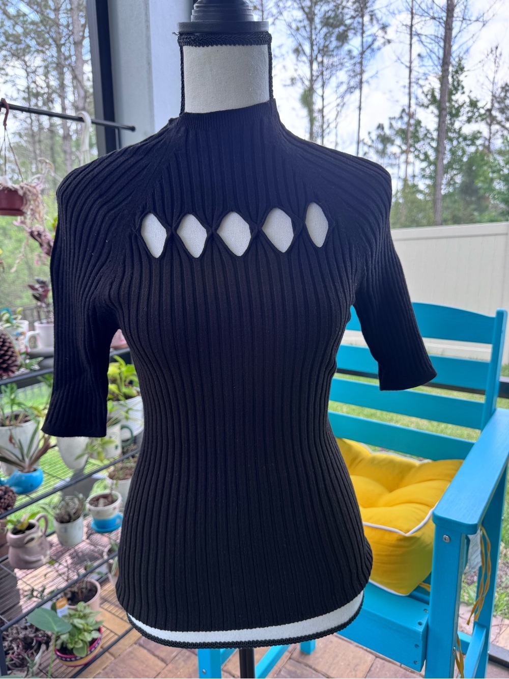 Women’s Black Ribbed Short-Sleeve Mock Neck Top with Cutout Detail